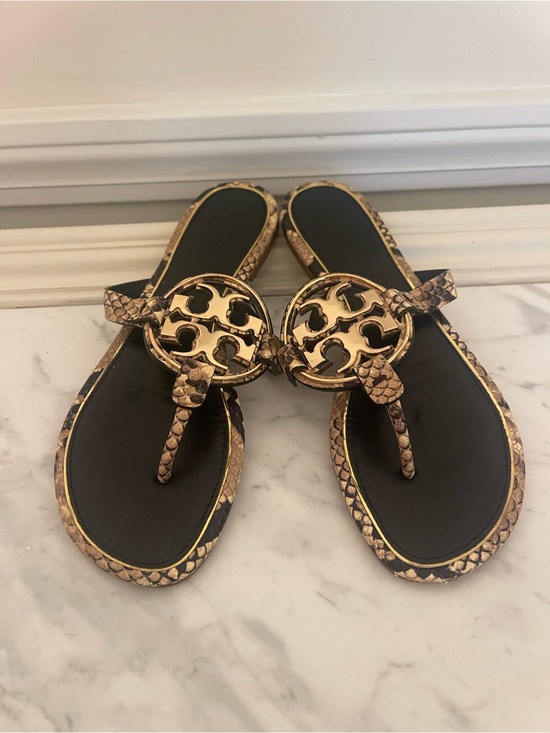 Tory Burch Shoes - Tory Burch Black & Gold Snake-Print Logo Thong Sandals